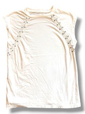 Y2K Vintage Top Med White Lace Up Shoulder Boho Goth Rick Grunge Whimsigoth C-2